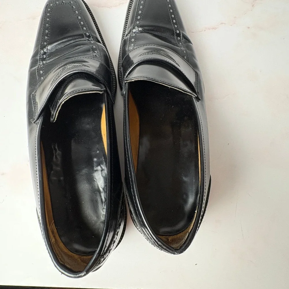 Santoni Fatte a Mano Handmade in Italy Men Black Leather Square Toe Loafers 37.5